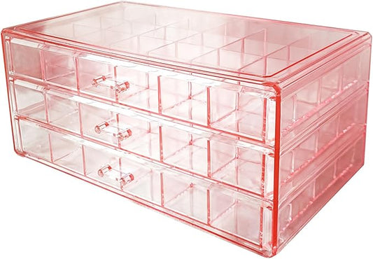 Acrylic Earrings Jewelry Organizer with 3 Drawers 72 grids, Stackable Necklace Rings Display Storage Case Box Holder, Clear pink
