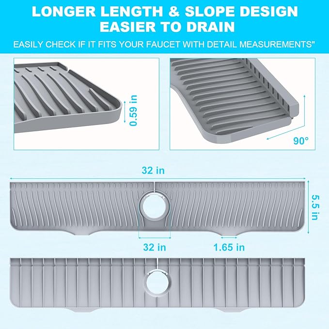 Kitchen Sink Splash Guard, 32"x 5.5", Silicone Faucet Splash Guard, Longer Silicone Sink Mat for Kitchen, Bathroom, Laundry Room, Farmhouse, Bar & RV (Gray)