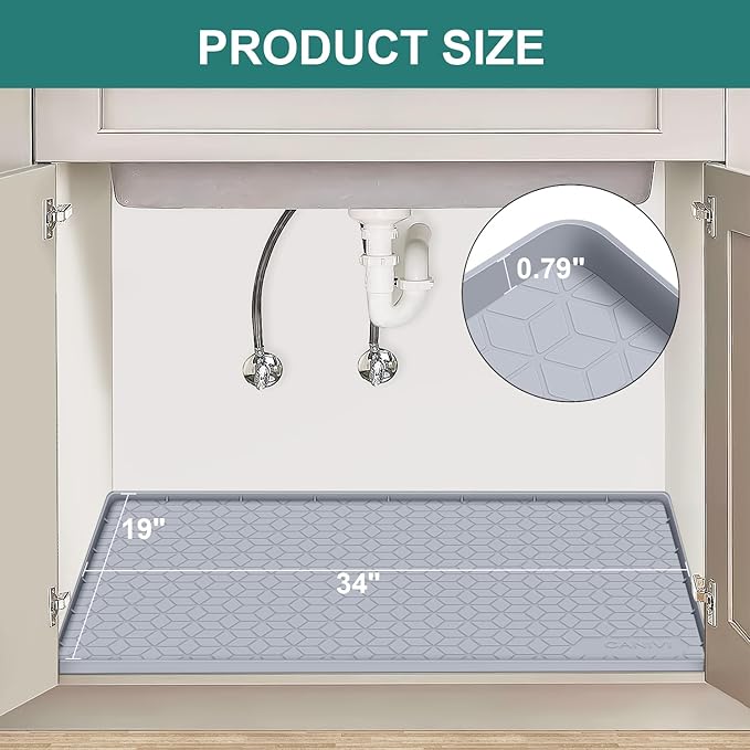 CANIVI Under Sink Mat, 34" x 19" Waterproof Silicone Under Sink Tray for Kitchen & Laundry Cabinets, Kitchen Cabinet Shelf Protector, Up to 3.3 Gallons Liquid, Fits 36 inch Standard Cabinet Light Grey