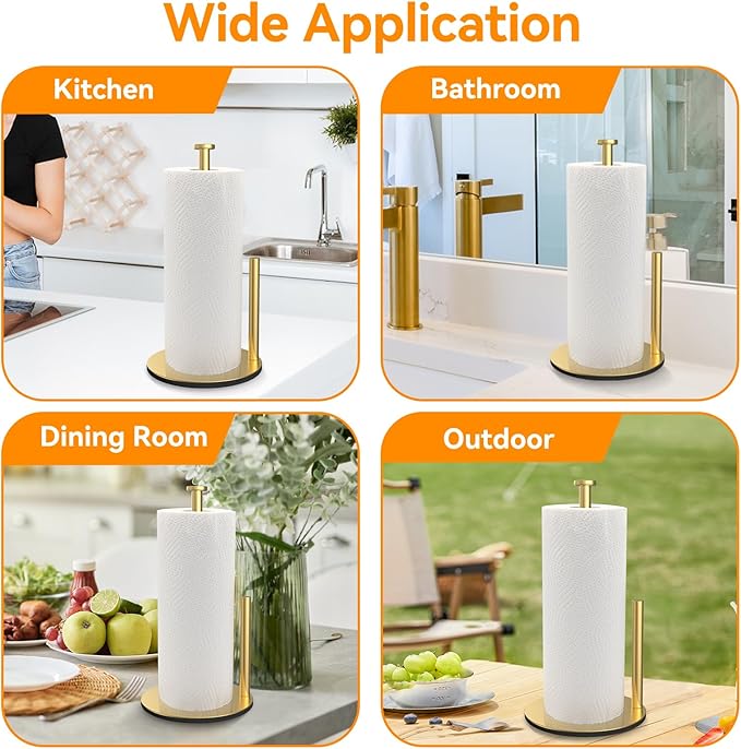 Paper Towel Holder, Gold Kitchen Roll Holder, Premium Stainless Steel Paper Towel Holder for Kitchen Rolls Organizer, Standing Paper Roll Dispenser