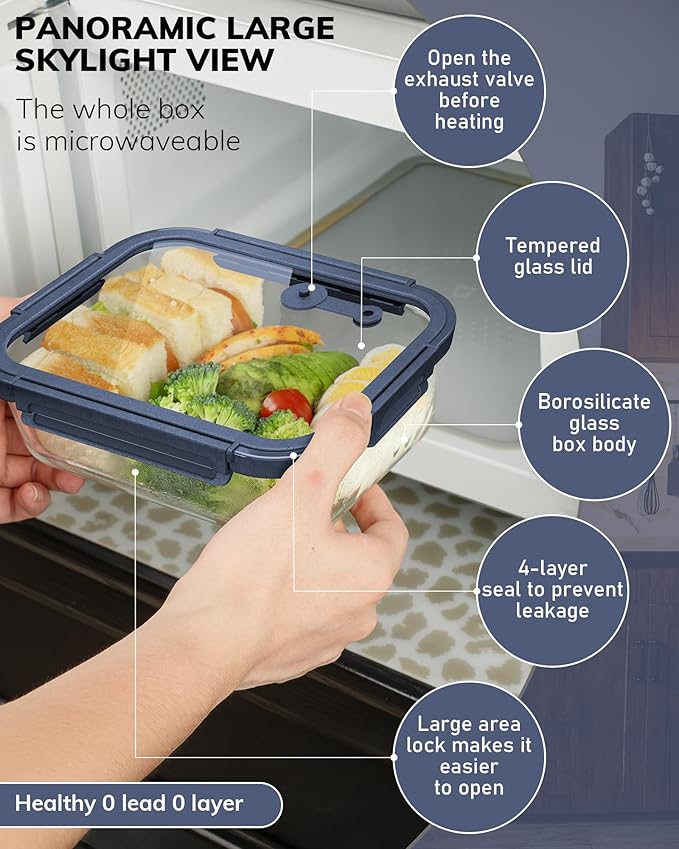 2-Pack Glass Food Storage Containers with Tempered Lids (21.3oz/2.7cup) - Airtight Snap Lock, Microwave & Oven Safe (-4℉~ 950°F), Freezer to Baking Dish, BPA-Free, Gift Box (Blue)