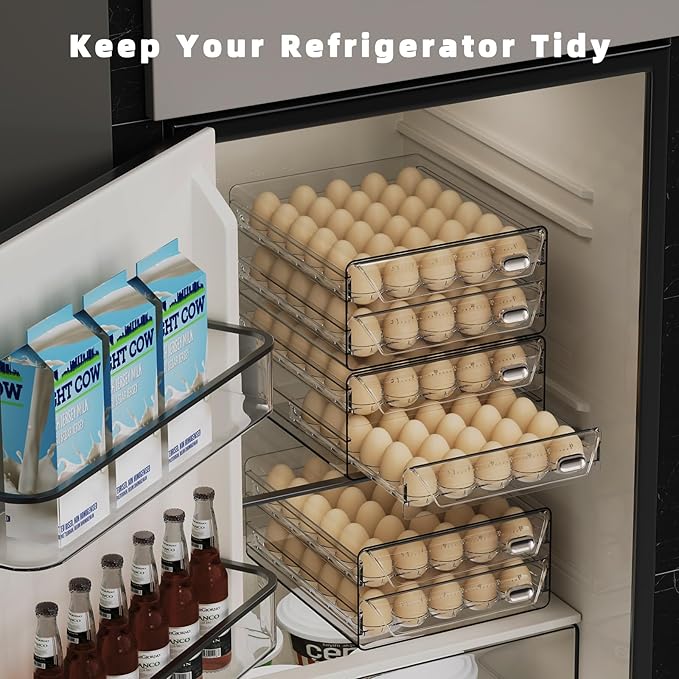 HIYOHIYO Clear 24 Egg Holder for Fridge, Large Egg Organizer for Refrigerator, Stackable Egg Storage Trays for Countertop, Eggs Drawer Dispenser with Time Scale (2 Layer, 7.9"x 6.3"x 5.5")