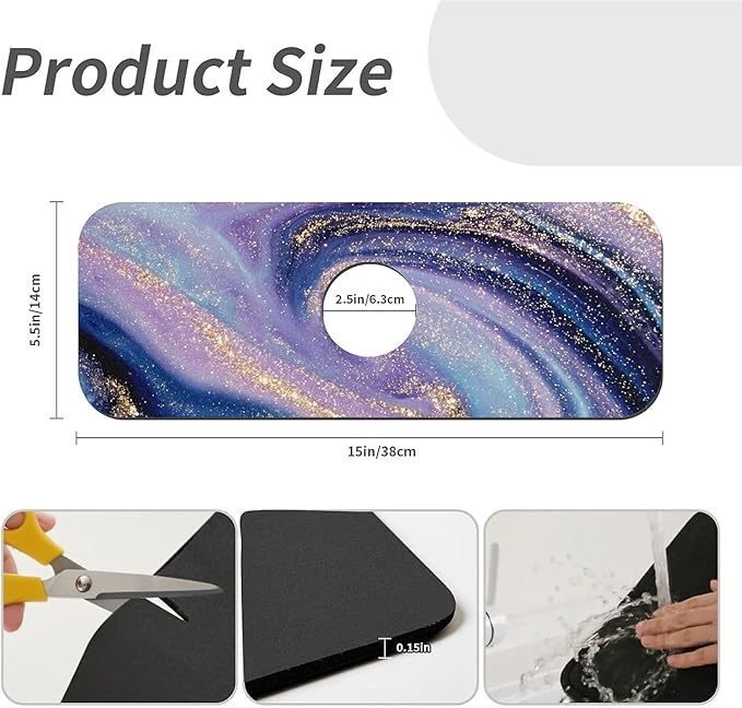 Kitchen Sink Splash Guard，Blue purple swirling marble Faucet Mat Sink Gadgets-Super Absorbent Fast Drying Mat Drip Catcher for Kitchen, Bathroom,Sink Mat, Dish Drying Mat, Bathroom(15" X 5.5" )