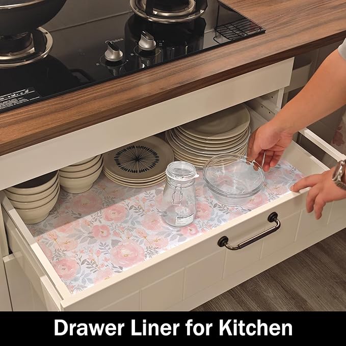 Amiitay Peony Shelf and Drawer Liner for Kitchen,Non-Adhesive and Strong Non-Slip Floral Cabinet Drawer Liners for Kitchen Shelf, Waterproof Cupboard Liners,Easy to Clean,12IN x 10FT