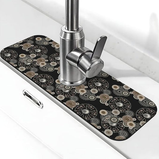 Paisley Mandala Brown And Black Floral Kitchen Sink Splash Guard Faucet Mat Super Absorbent Fast Drying Mat Sink Gadgets-Fast Drying Pad Sink Mat For Kitchen Bathroom (15" X 5.5" )