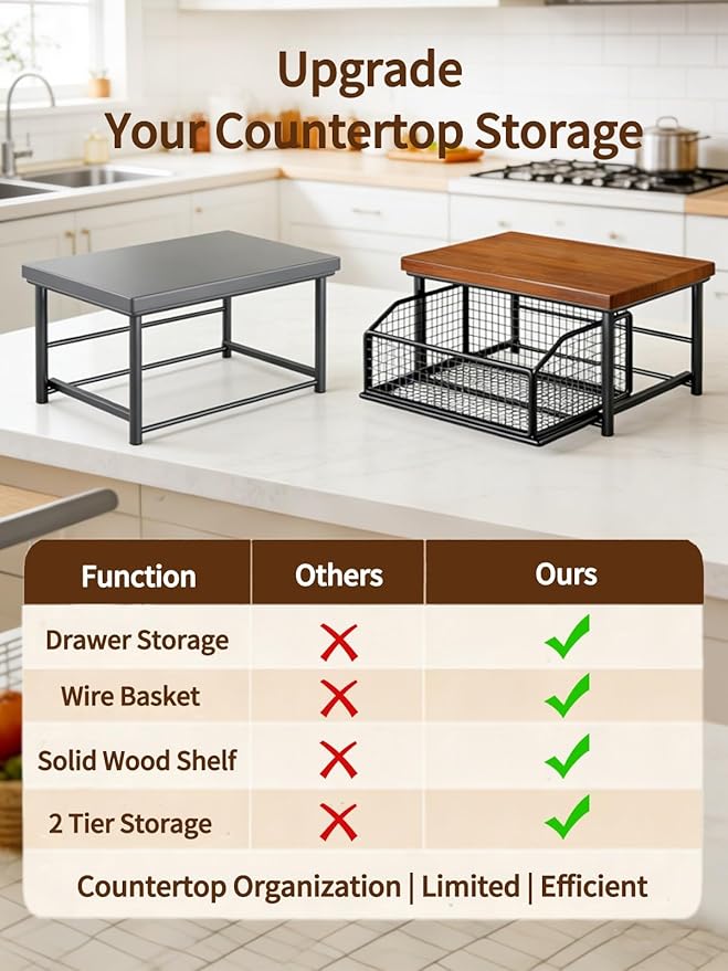 Kitchen Countertop Organizer with Drawer and Wire Basket, Microwave Cart Stand with Sliding Storage Shelf, Space-Saving Counter Organizers Rack, Compact 2-Tier Shelf for Coffee Maker(Wood-White)