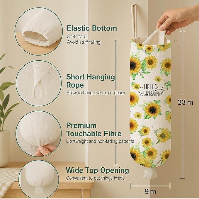 Sunflower Plastic Bag Holder, Hello Sunshine Plastic Bag Holder for Kitchen Essentials, Reusable Hanging Plastics Sack Dispenser, Floral Trash Sack Storage Dispenser for Home Decor