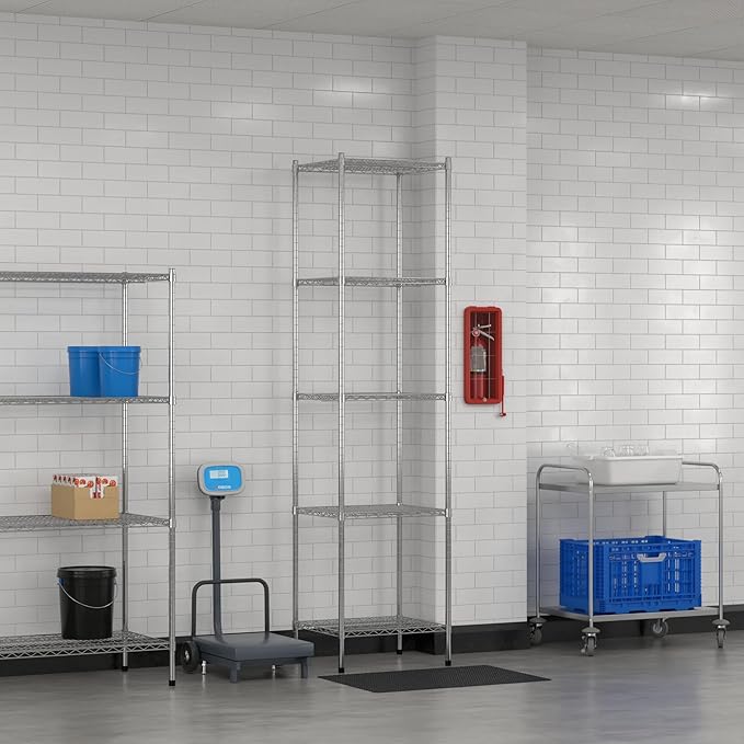 Commercial NSF Listed Chrome Stationary Wire Shelving Kit 21" x 24" x 96", with 5 Shelves Perfect for Warehouse, Walk-in Refrigerator, Freezer, Grocery Store, Restaurant, Dishroom