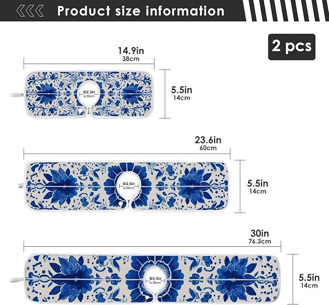 2 PCS Kitchen Sink Splash Guard 23.6 Inch Faucet Mat for Kitchen Sink Bathroom Sink Faucet Absorbing Drip Drain Mat Pad Microfiber Soft Washable Floral Blue and White Tile