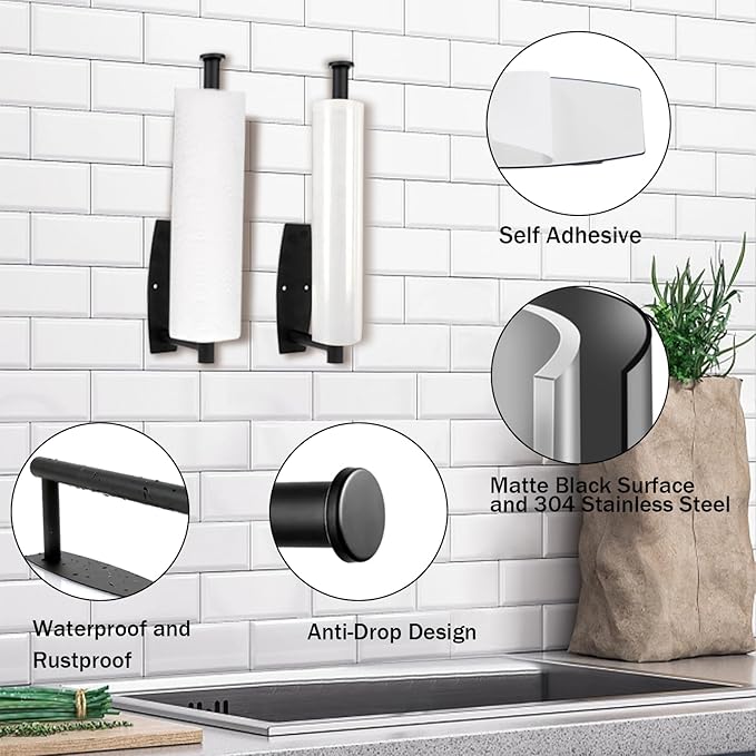 Paper Towel Roll Rack - Under Cabinet Stainless Steel Towel Holder - Black