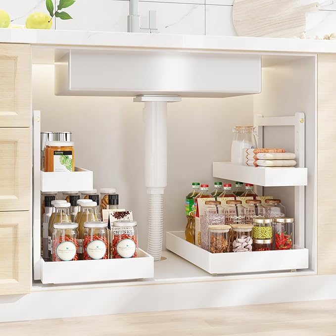 Bamboo Under Sink Organizer and Storage, 2 Tier Pull Out Cabinet Organizer, Slide Out Under Sink Storage Shelf, Undersink Organizers Shelves for Kitchen Bathroom Organization (White, 2 Packs)