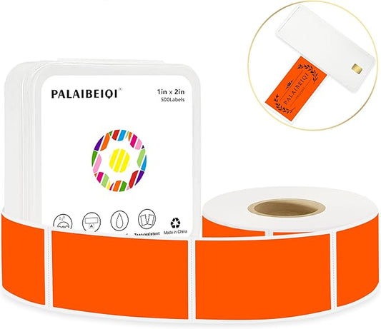 PALAIBEIQI 1x2 Inch Thermal Labels,500PCS Rectangle Stickers,Waterproof Removable Blank Stickers for Address,Jars,Freezer Containers & Pantry Organization,Fluorescent Orange