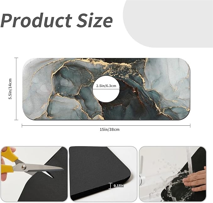 Kitchen Sink Splash Guard，Marble black gray gold- Faucet Mat Sink Gadgets-Super Absorbent Fast Drying Mat Drip Catcher for Kitchen, Bathroom,Sink Mat, Dish Drying Mat, Bathroom(15" X 5.5" )