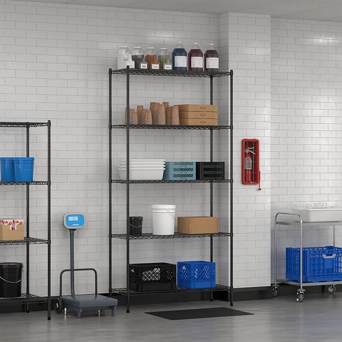 Commercial NSF Listed Black Epoxy Stationary Wire Shelving Kit 18" x 48" x 96", with 5 Shelves Perfect for Warehouse, Walk-in Refrigerator, Freezer, Grocery Store, Restaurant, Dishroom