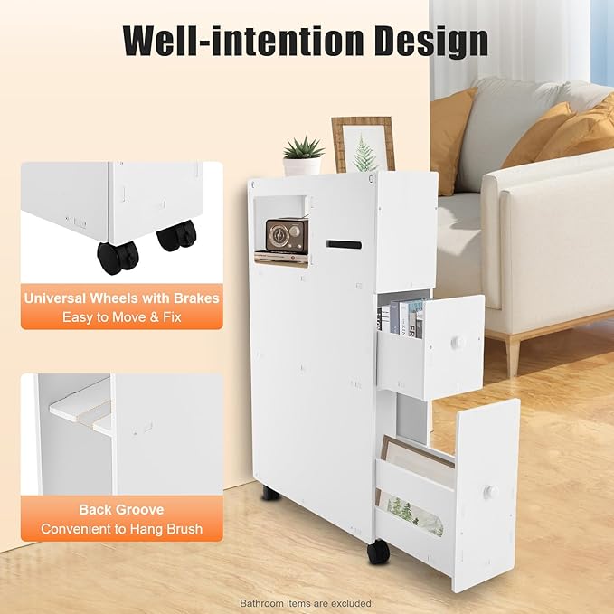 Bathroom Storage Cabinet, Storage Cabinet with Drawers, Movable Narrow Toilet Side Cabinet w/2 Slide Out Drawers, 2 Rattan Baskets & Shelves, Toilet Paper Holder on Wheels for Small Spaces
