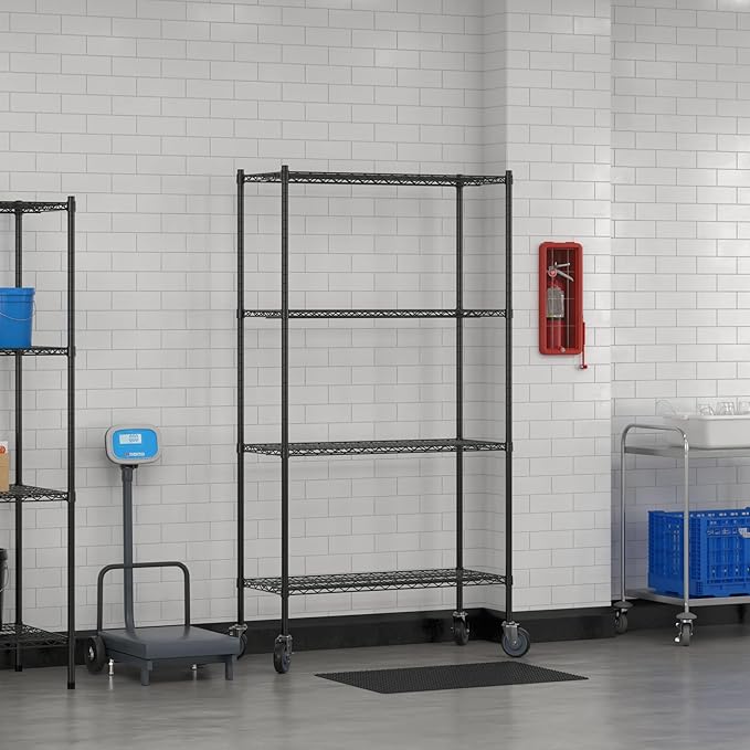 Commercial NSF Listed Black Epoxy Mobile Wire Shelving Kit 18" x 42" x 80", with 4 Shelves Perfect for Warehouse, Walk-in Refrigerator, Freezer, Grocery Store, Restaurant, Dishroom