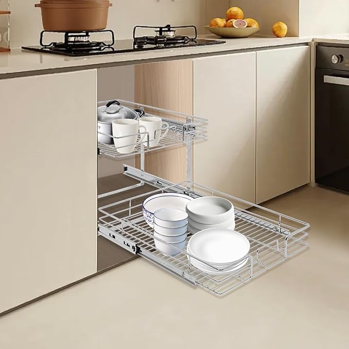 2 Tier Pull Out Cabinet Organizer 21 "W X 22 "D, Double Wire Basket Sliding Shelf, Pull Out Drawer for Kitchen Cabinets, Base Cabinet Organization for Kitchen, Bathroom, Pantry, Chrome (Silver)