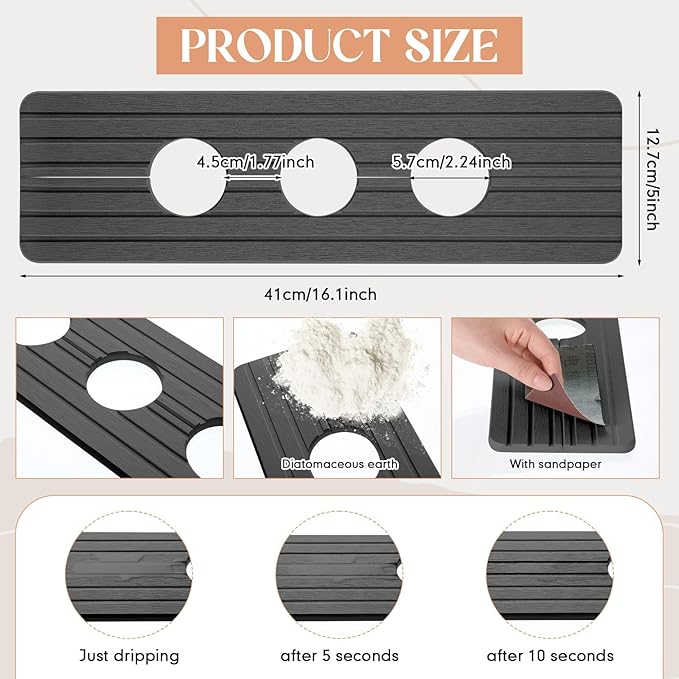 Teenyyou 3 Hole Gray Faucet Mat for Kitchen Sink 16.1" x 5" Kitchen Faucet Absorbent Mat Diatomite Splash Guard for Sink Quick Drying Stone Drip Catcher for Bathroom Counter