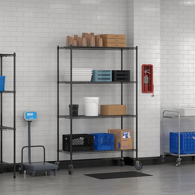 Commercial NSF Listed Black Epoxy Mobile Wire Shelving Kit 21" x 48" x 80", with 4 Shelves Perfect for Warehouse, Walk-in Refrigerator, Freezer, Grocery Store, Restaurant, Dishroom