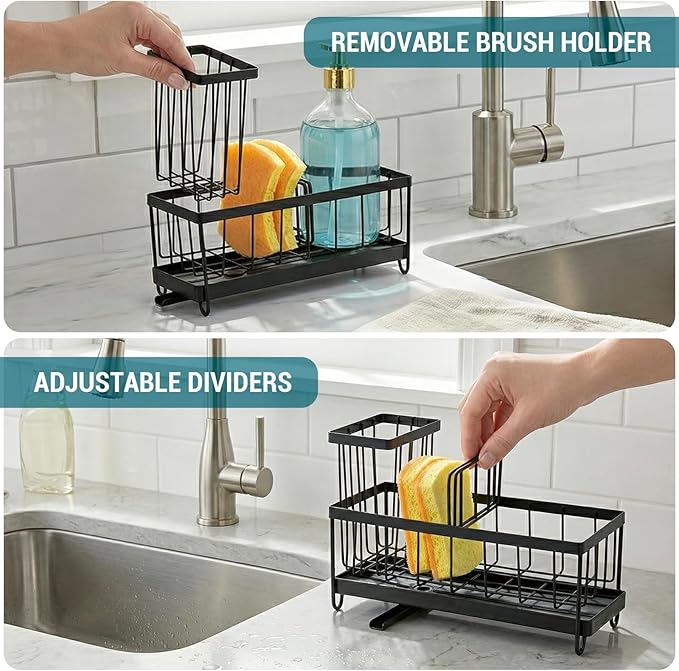 MyGift Modern Matte Black Metal Wire Sponge and Brush Holder Basket with Removable Drainage Tray – Kitchen Sink Caddy Organizer