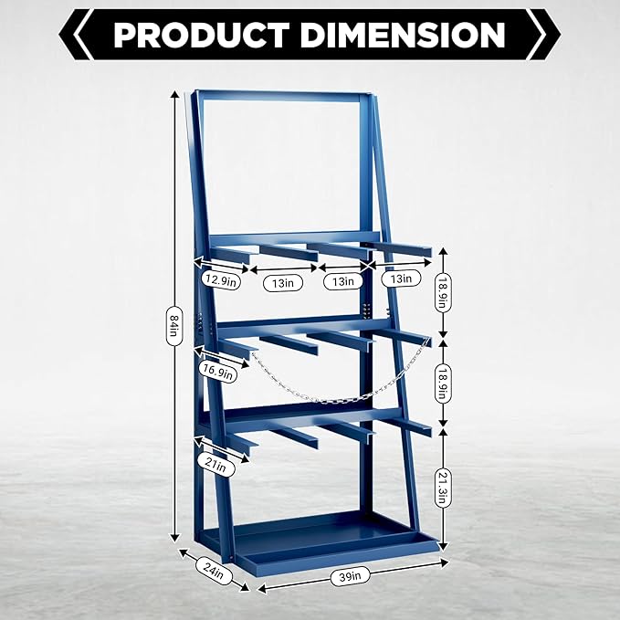 Vertical Bar Rack, 3000 Lb Capacity, 3 Bays Pipe and Lumber Storage Rack, Heavy Duty Standing Bar Storage Shelf with Safety Chains, Steel Long Parts Organizer Shelf, 39"D x 24"W x 84"H, Blue
