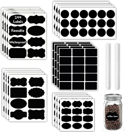 XQIGI Chalkboard Labels 244 PCS, Waterproof Reusable Blackboard Stickers with 2 Chalk Marker, Erasable Handwritten Stickers or Food Containers, Mason Jars, Pantry, Bottles Storage Bins (244 PCS)