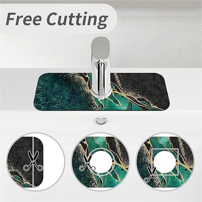 Kitchen Sink Splash Guard，Black and green gold marble Faucet Mat Sink Gadgets-Super Absorbent Fast Drying Mat Drip Catcher for Kitchen, Bathroom,Sink Mat, Dish Drying Mat, Bathroom(15" X 5.5" )