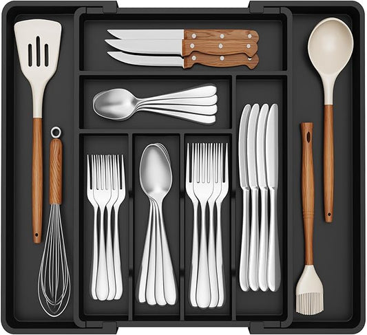 Lifewit Utensil Organizer for Kitchen Drawer, Expandable Cooking Silverware Tray, Adjustable Cutlery Flatware Holder, Plastic Spatula Tools Storage Divider, 13-22.3 x 16.7", Black