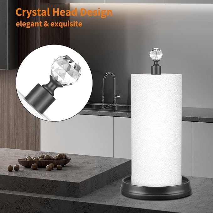 Paper towel holder (with crystal head) Steel Paper towel holder countertop，Black paper towel holder for Kitchen Countertops, Bars & Dining Tables,Fits Standard & Jumbo Rolls,Matte Black
