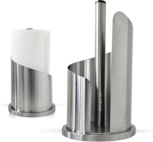 Stainless Steel Paper Towel Holder Countertop, Modern Spiral Cover Design,Keep Paper Towel Clean,Weighted Base for Stability, Freestanding Easy One-Handed Operation for Kitchen Bathroom,Silver
