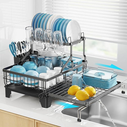 GSlife Large Dish Drying Rack 2 Tier, Expandable Kitchen Dish Drainer for Pots and Pans, 360° Swivel Spout, Rust-Resistant Metal Dish Rack with Utensil & Cup Holder, 16.9" W x 14.4"-22.4" L, Black