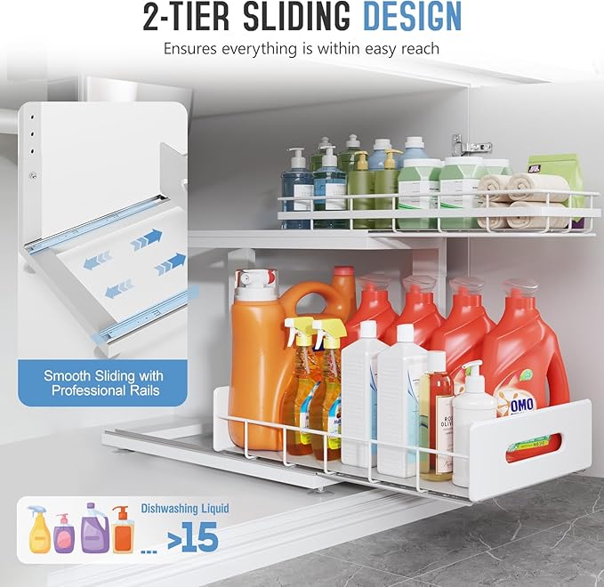 1 Pack 18 IN Depth Under Sink Organizer with Smooth Ball Bearing Slides,2-Tier Pull Out Cabinet Storage,Slide Out Drawers for Bathroom&Kitchen,Rust-resistant Coating,Height Adjustable-White