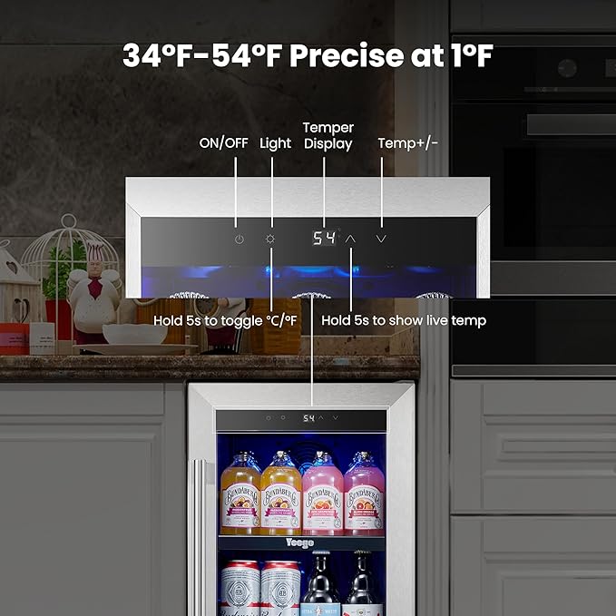 Yeego 15 Inch Beverage Refrigerator – 100 Can Mini Fridge with Glass Door, 34-54 ℉ Built-In Freestanding or Under Counter Beverage Cooler for Drink Soda Wine - For Home Bar Office