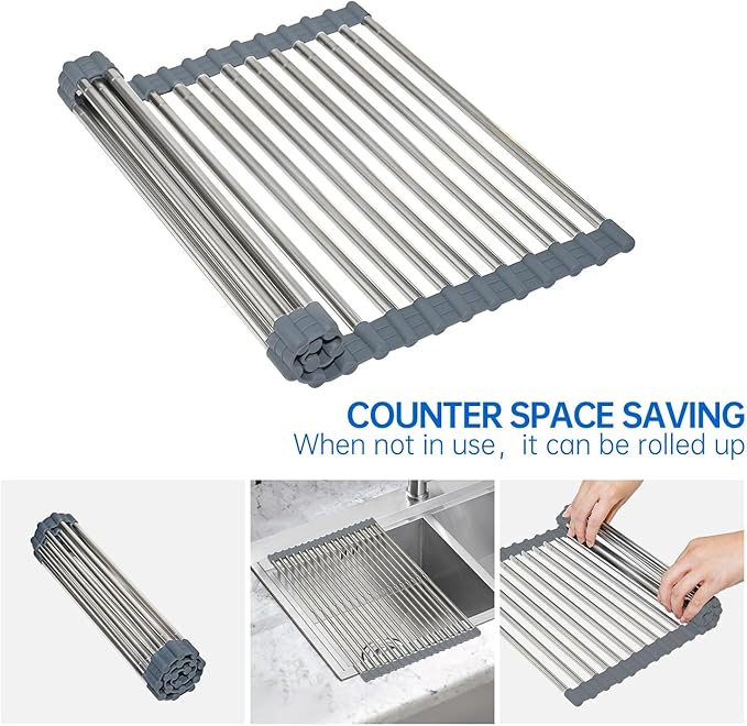 Expandable Large Roll Up Dish Drying Rack 18 Tube 21.25x12.79''Collapsible Over The Sink Rack Non-Slip Silicone Rolling Dish Drainer Stainless Steel Roll Rack for Kitchen Sink Counter (Gray)
