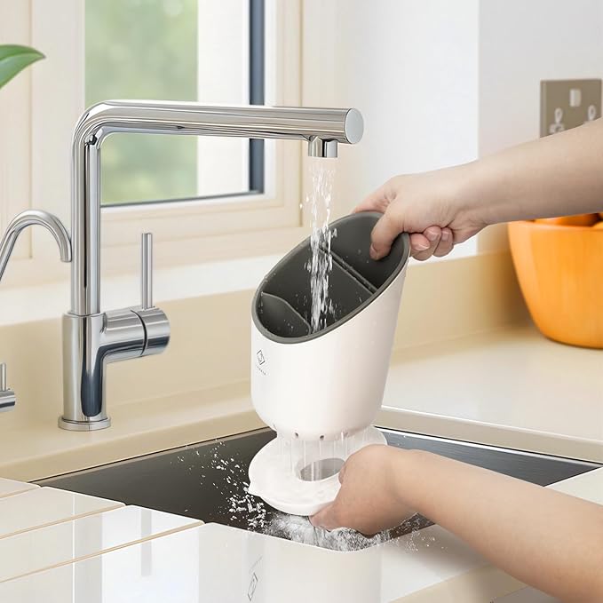 Utensil Drying Holder for Kitchen Counter，Kitchen Utensil Crock with Detachable Base Self Draining Small Utensil Cutlery Flatware Silverware Holder Drainer Cup（White）