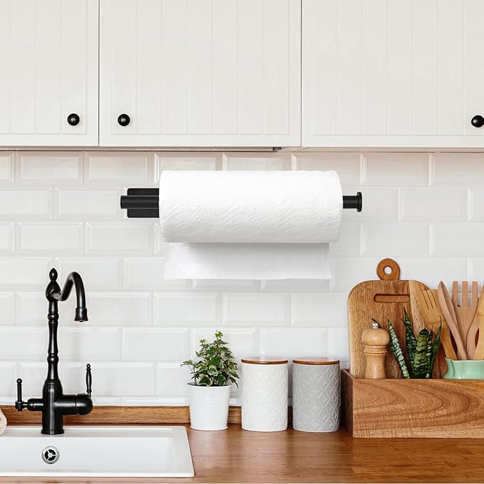 Paper Towel Holder, Under Cabinet Paper Towel Roll Holder Self Adhesive or Drilling, Wall Mounted Matte Black Paper Towel Rack for Kitchen, Bathroom, SUS304 Stainless Steel