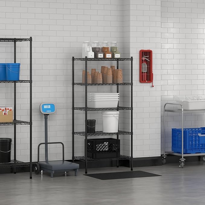 Commercial NSF Listed Black Epoxy Stationary Wire Shelving Kit 18" x 30" x 64", with 5 Shelves Perfect for Warehouse, Walk-in Refrigerator, Freezer, Grocery Store, Restaurant, Dishroom