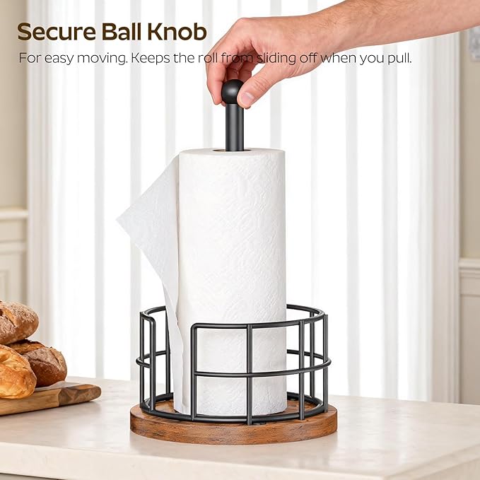 Paper Towel Holder, Kitchen Paper Towel Holder for Countertop, Paper Towel Stand with Wooden Base, Freestanding Kitchen Roll Holder, for Standard Size Rolls, Rustic Brown CJ05BR
