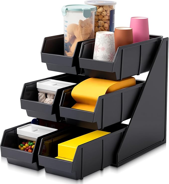 Novabright 3 Tier 6 Compartment Serve Condiment Bin Self Serve Condiment Bin Stand Countertop Plastic Containers Storage Display Rack for Coffee Shops Restaurants Bars(19.7" D X 11" W X 13.8" H)