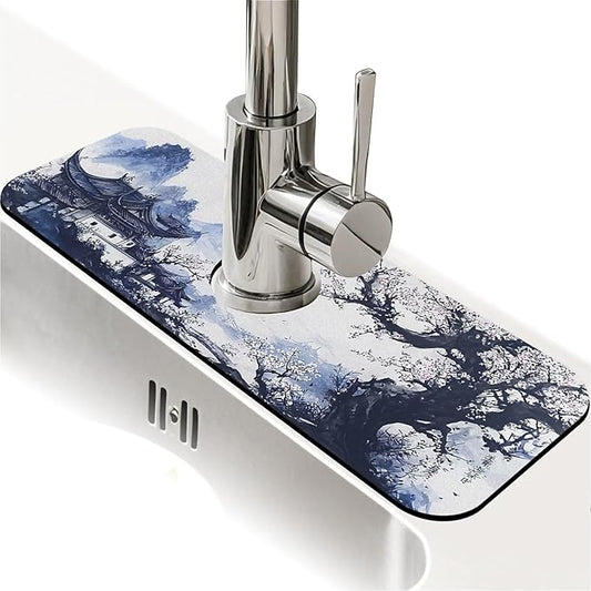 Kitchen Sink Splash Guard，Black White Ink Landscape Faucet Mat Sink Gadgets-Super Absorbent Fast Drying Mat Drip Catcher for Kitchen, Bathroom,Sink Mat, Dish Drying Mat, Bathroom(15" X 5.5" )