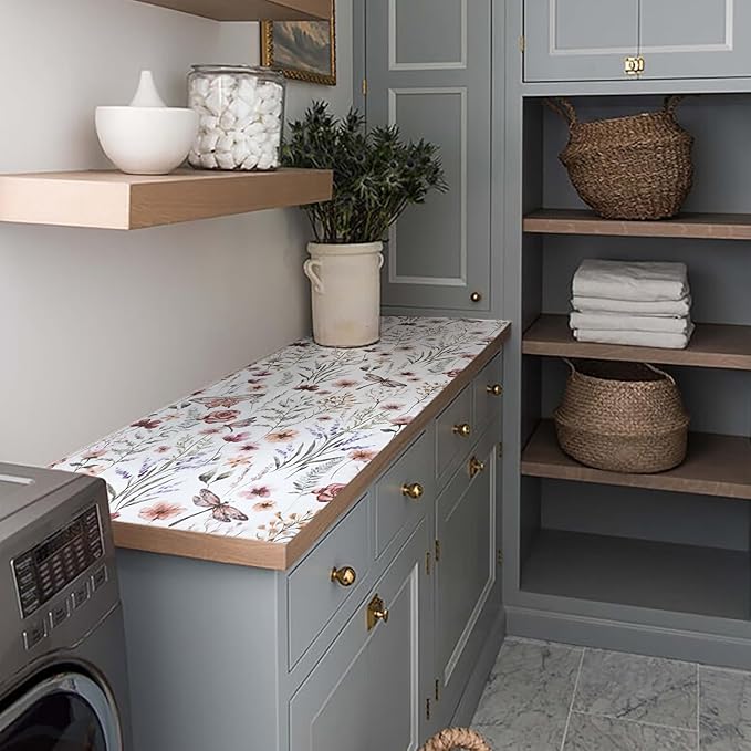 Floral Shelf and Drawer Liner for Kitchen Cabinets,24IN x 10FT Non-Adhesive and Strong Non-Slip Cabinet Drawer Liners for Kitchen Shelf, Waterproof Cupboard Liners,Easy to Clean