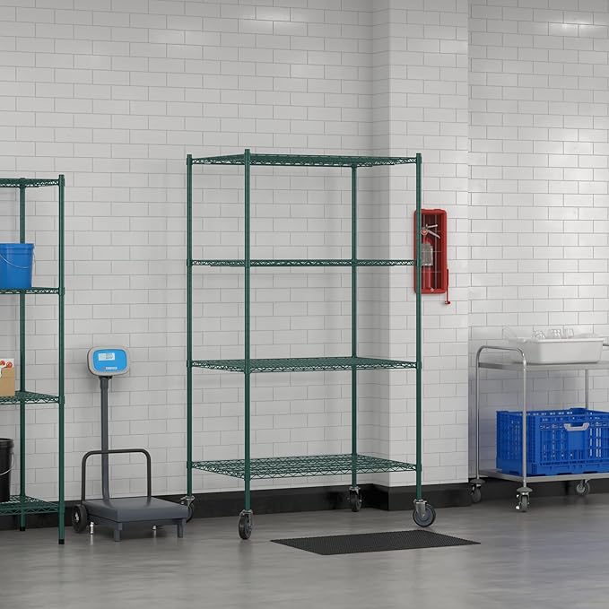 Commercial NSF Listed Green Epoxy Mobile Wire Shelving Kit 30" x 42" x 80", with 4 Shelves Perfect for Warehouse, Walk-in Refrigerator, Freezer, Grocery Store, Restaurant, Dishroom