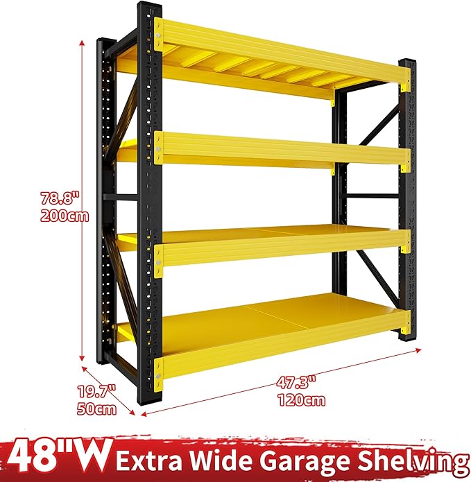 48" W Garage Shelving 3000LBS Garage Shelving Heavy Duty 4-Tier Metal Storage Shelves Adjustable Shelf Unit Storage Rack for Basement Supermarket Warehouse 48" W x 20" D x 78" H Yellow