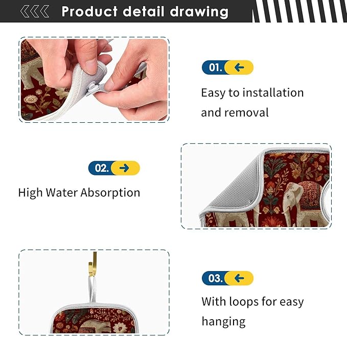 2 PCS Kitchen Sink Splash Guard 30 Inch Faucet Mat for Kitchen Sink Bathroom Sink Faucet Absorbing Drip Drain Mat Pad Microfiber Soft Washable Retro Red Elephant Flowers