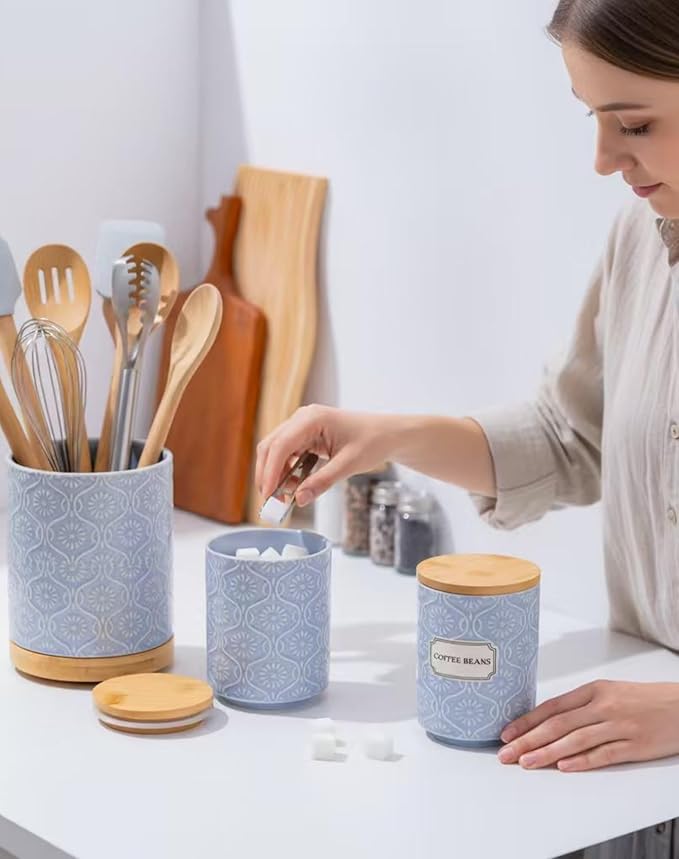 TEATALK Utensil Holder Set of 2, 7.7"+5.7" Ceramic Kitchen Utensil Holder for Countertop, Farmhouse Vintage Utensil Crock, 360° Rotating Large Utensil Organizer, Light Blue