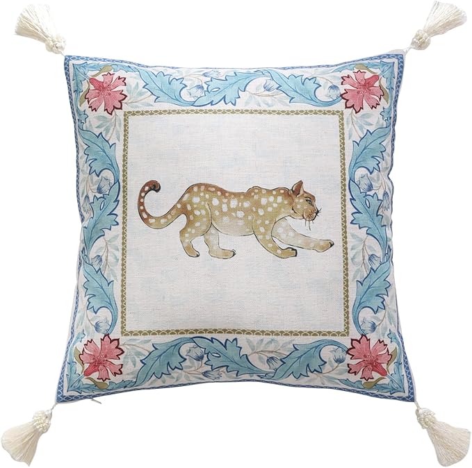 patdrea Designer Throw Pillow Covers for Couch 18"x18",Vintage French Linen Pillows Cover with Cheetah Pattern and White Pendant,Farmhouse Decorative Square Pillowcases for Bed Living Room Outdoor