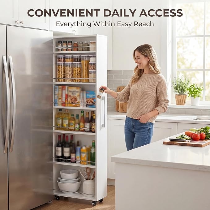 7 Tier Slim Rolling Storage Cart With Wheels,narrow Spice Rack Organizer Cabinet Next To Fridge,space-saving Wood Storage Organizer For Kitchen,pantry,laundry(D 17.72 x H 72.4 x W 5.91 IN, White)