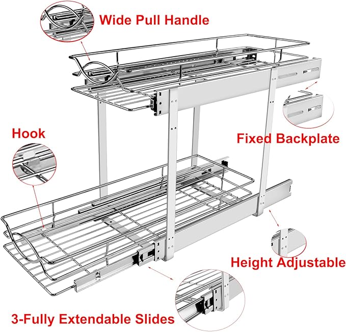 Pull Out Cabinet Organizer 9" W x 21" D 2-Tier Individual Slide Out Drawer Pantry Shelf Storage for Kitchen Base Cabinet Organization for Kitchen, Bathroom, Pantry, Chrome