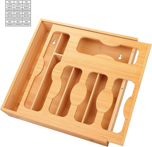 Comfoyar 5 In 1 Bamboo Storage Bag Organizer with Slider for Kitchen, Baggie Storage Organizer for Drawer or Wall Mount, Compatible with Gallon, Quart Sandwich Snack Size Bags, Variety Plastic Baggies