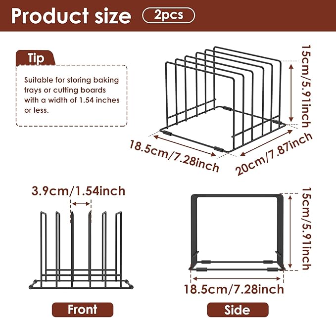 2 Pcs Kitchen Cabinet Cutting Board Organizer, Cookie Sheet Storage Rack, Stable and Non Slip, Iron Cutting Board Rack, Cabinet Dividers Holder for Cutting Boards and Cookie/Baking Sheets